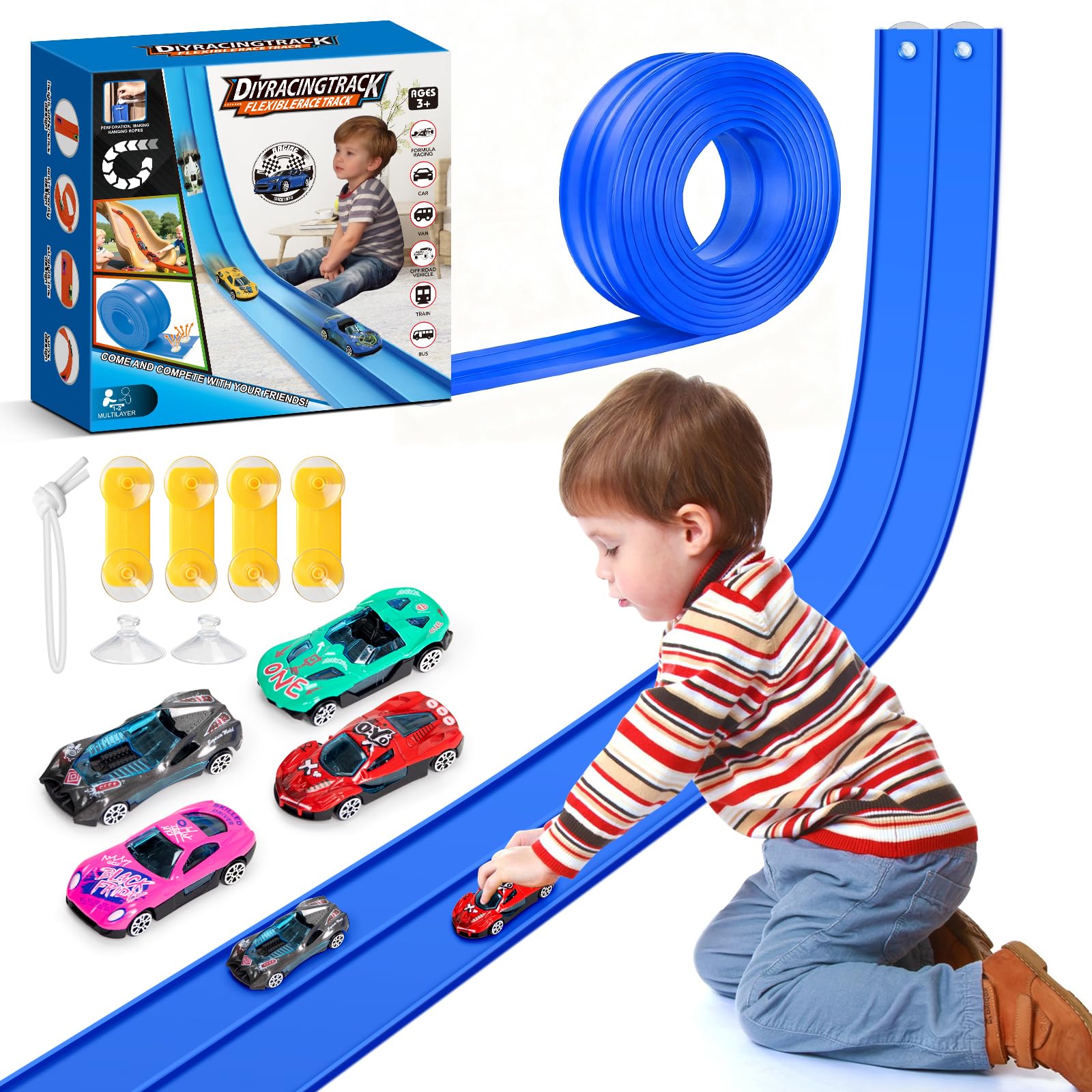 Photo 1 of 15Ft Flexible Race Car Track for Kids with Suction Cups Compatible with Hot Wheels and Diecast 1/64th Cars for Ages 3 & Up Blue Gray Orange Red Classic Long Rolls Up Portable Racetrack (Blue)