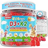 Vitamin D3 K2 Gummies for Kids + Calcium, Magnesium, Zinc, Phosphorus, Vitamin C, Kids Multivitamin D3 & K2 Supplement for Bone Health, Calcium Absorption, Focus & Immunity, Non GMO, Sugar Free, 2Pack