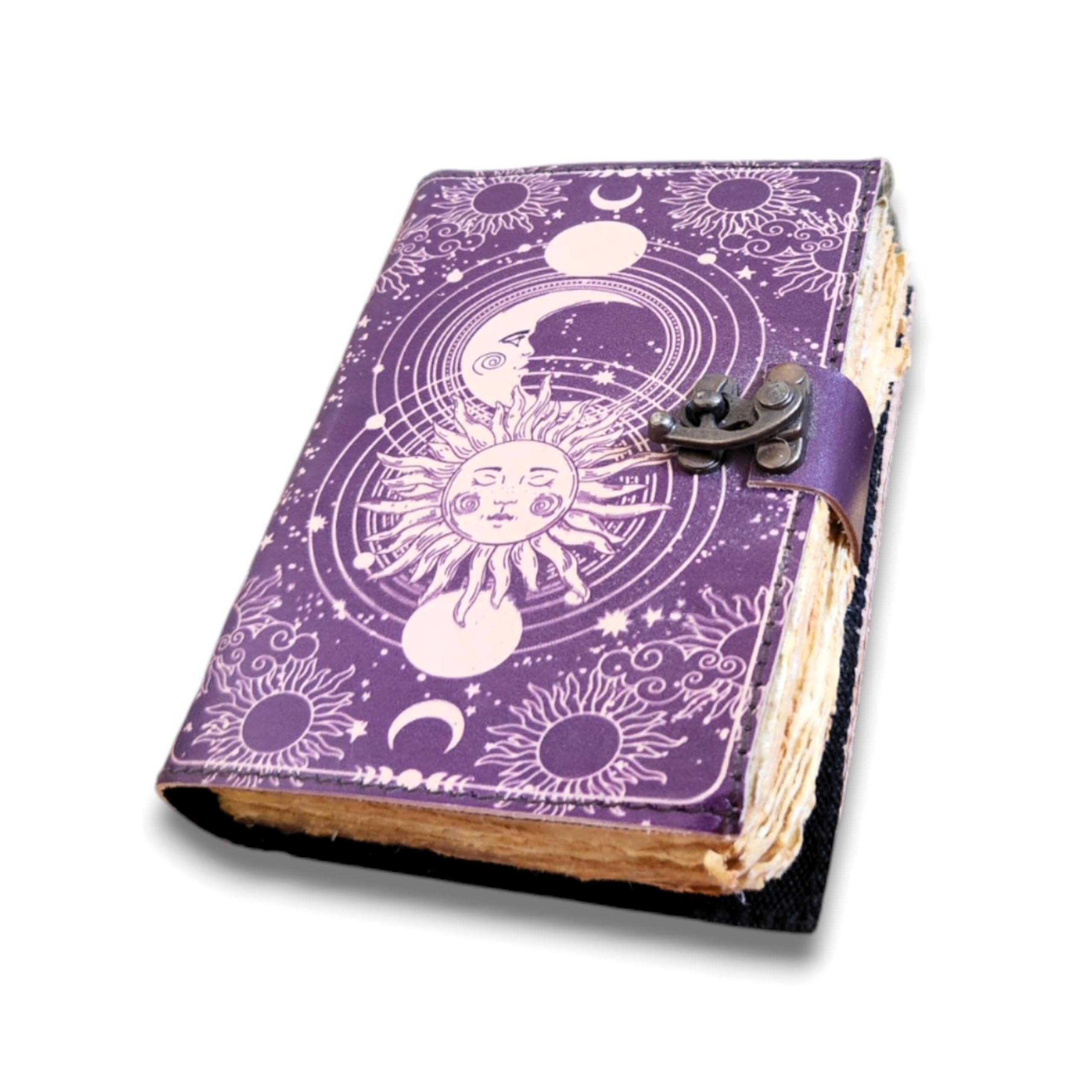 Vintage Sun Moon Leather Journal | Handmade | 200 Deckle Edge Pages | C-Lock (Purple, 7 * 5 inch)