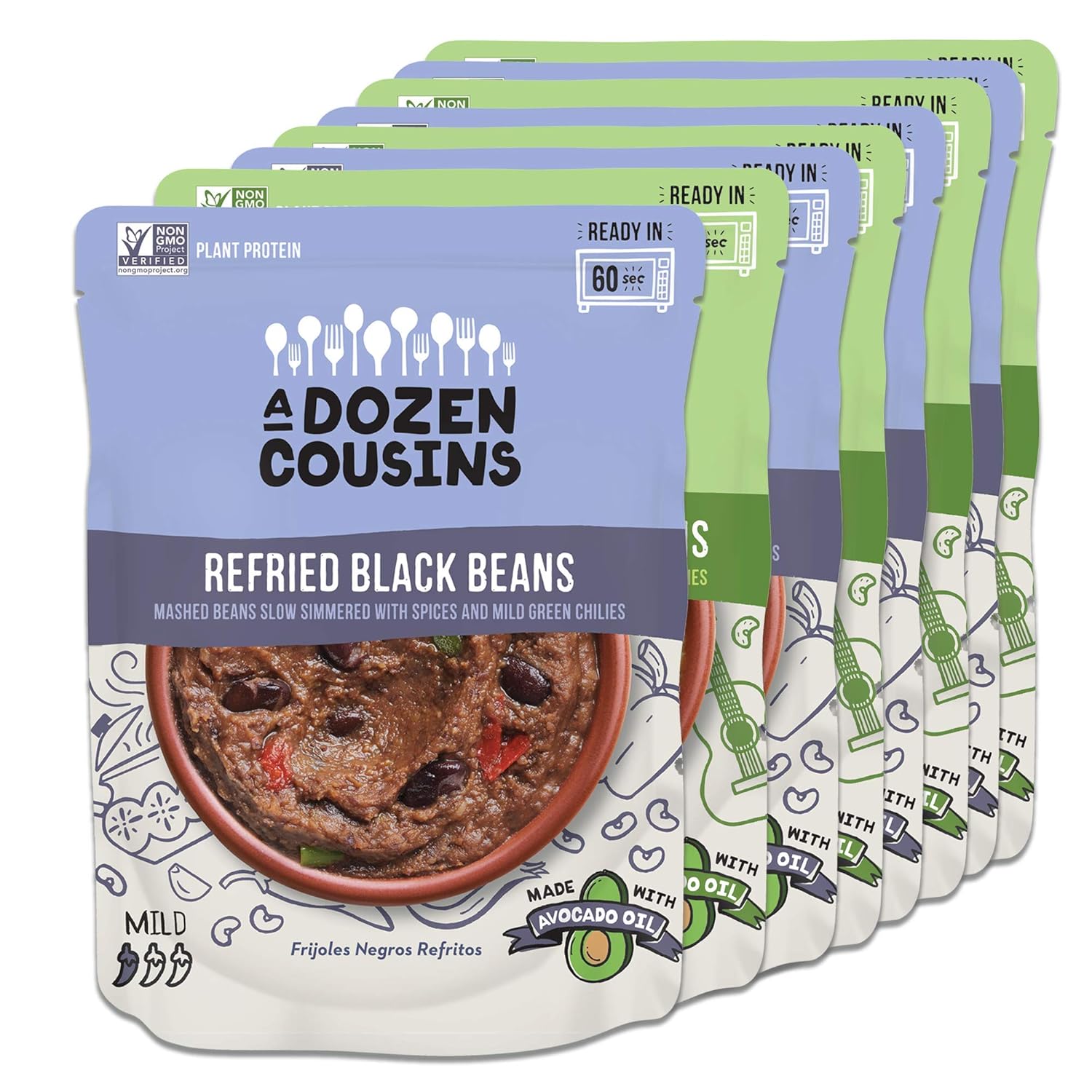 A Dozen Cousins Meals Refried Beans - Black Beans and Pinto Beans - Ready to Eat, Vegan and Non-GMO & Seasoned - Made with Avocado Oil (Variety 8-pack)