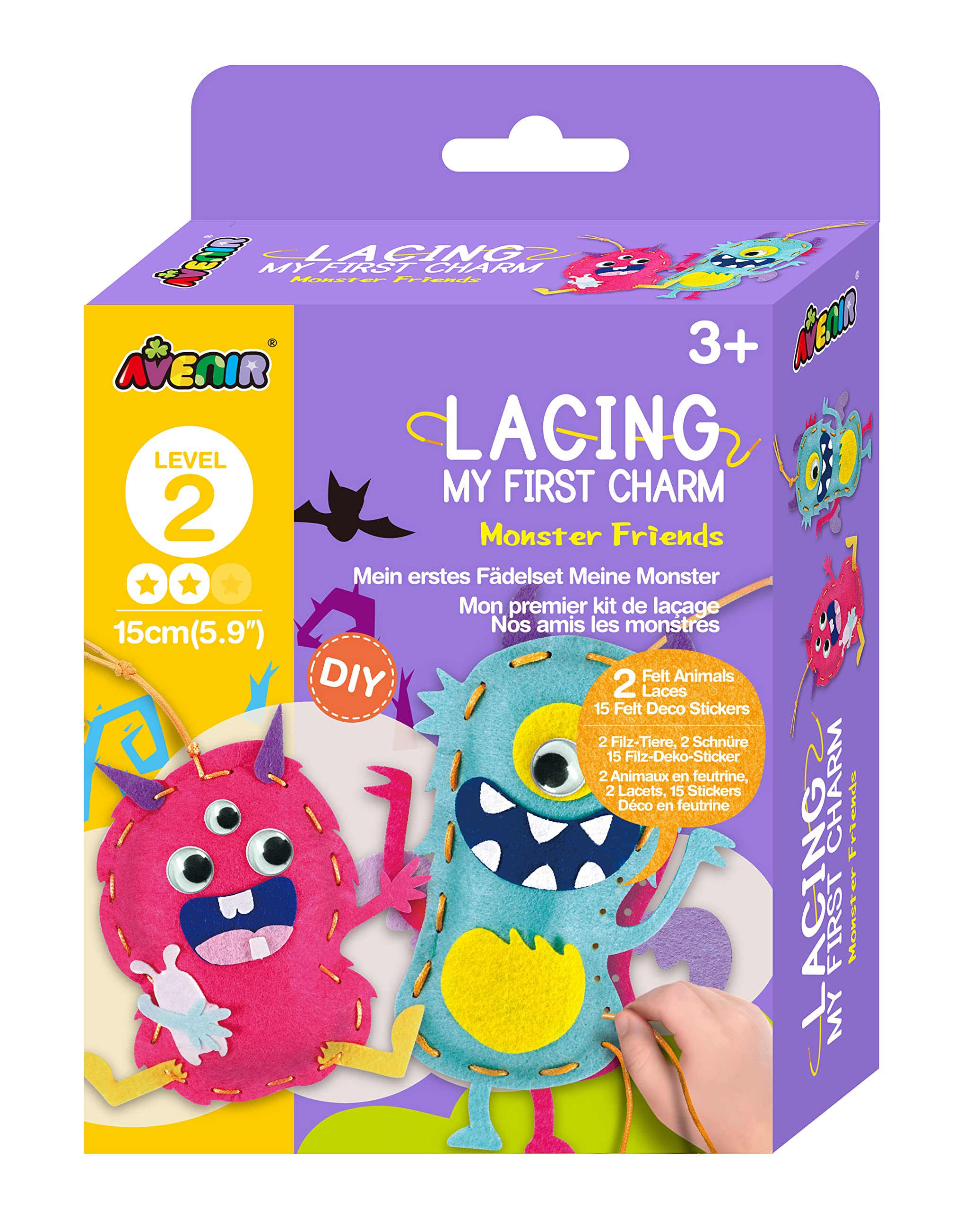 Avenir My First Lacing Kit Charm Monster Friends | Creative Sewing & Stitching Activity for Kids Ages 3+ | DIY Craft Set with Animal Characters – Improve Hand-Eye Coordination & Tracing Skills