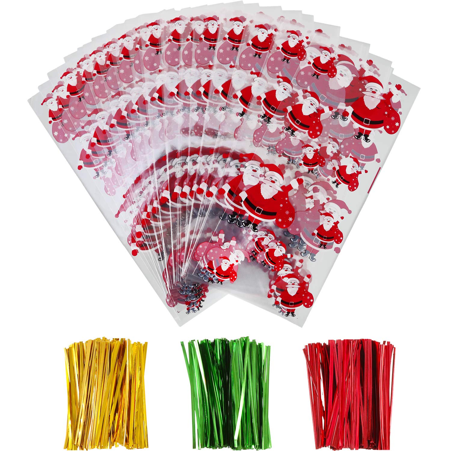 100 Pieces Christmas Cellophane Bags Candy Gift Bags Goodies Treat Bags with 150 Pieces Twist Ties for Christmas Party Packaging Supplies (Style 3)