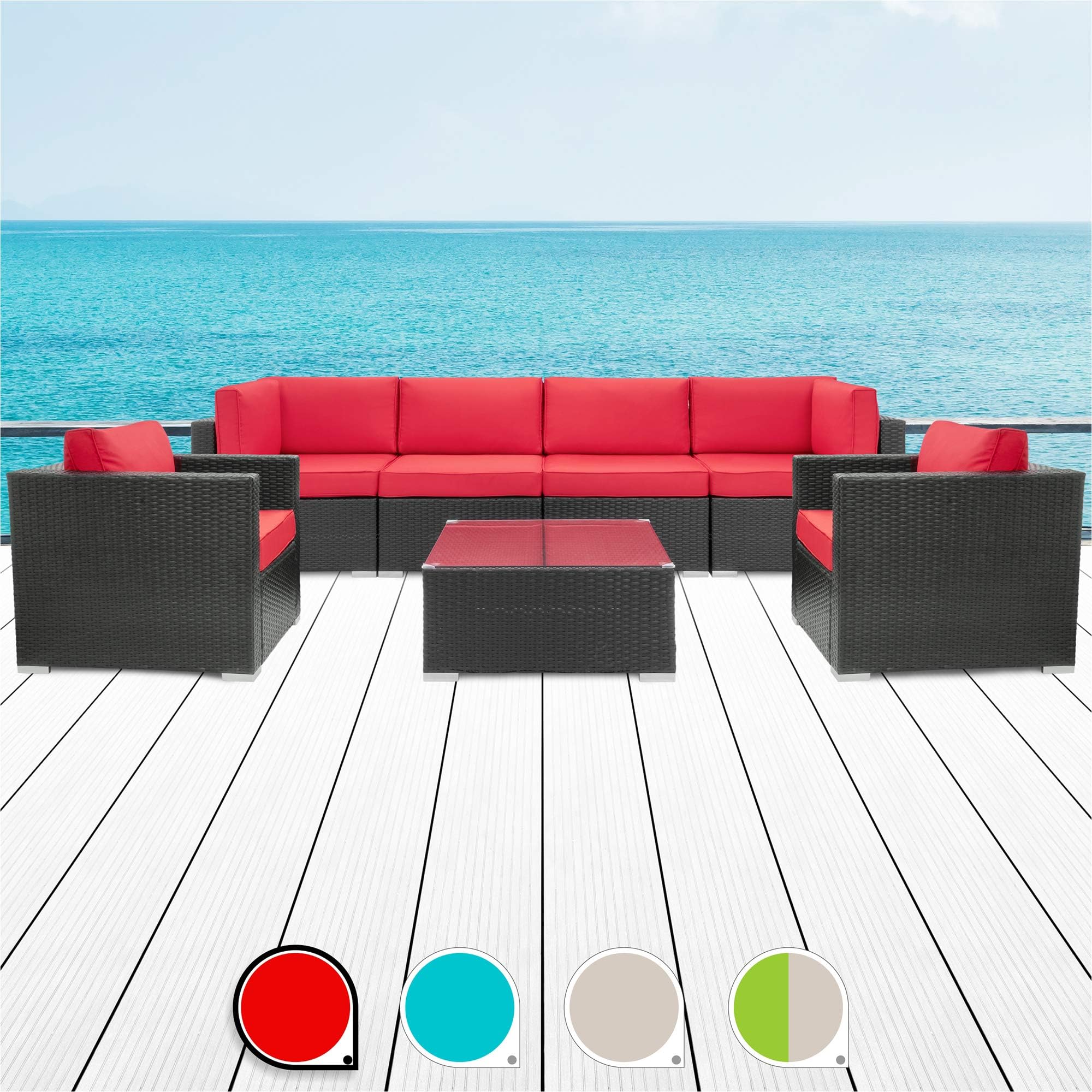 Walsunny 7 Pieces Patio Outdoor Furniture Sets,Low Back All-Weather Black Rattan Sectional Sofa with Tea Table&Washable Couch Cushions &Ottoman, Red