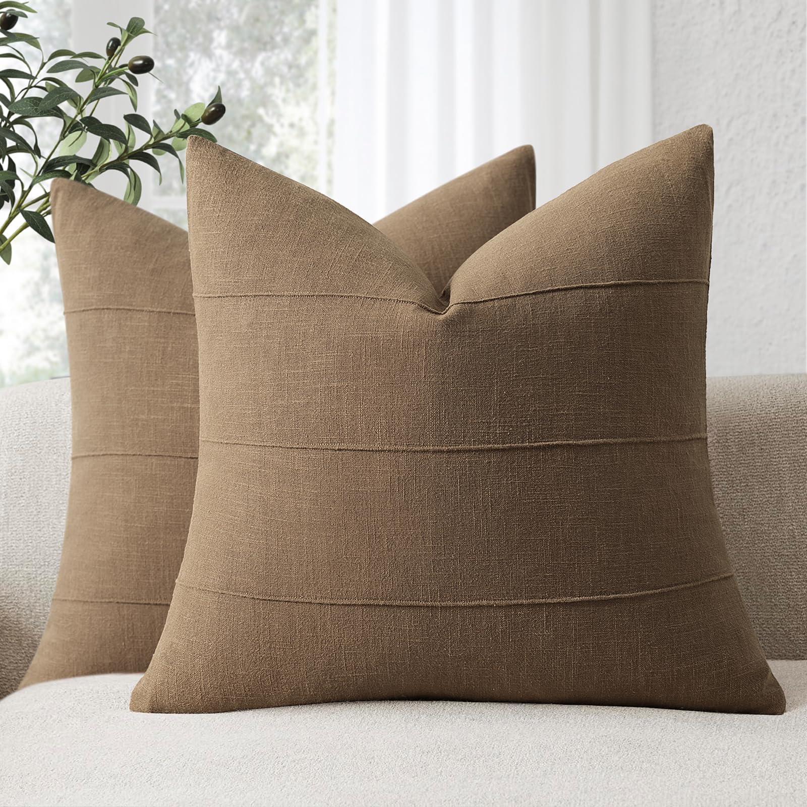 Photo 1 of ZWJD Decorative Linen Throw Pillow Covers 20x20 Set of 2 Solid Handcrafted Striped Cushion Covers for Bed Soft Modern Farmhouse Neutral Pillowcase for Couch Bedroom Living Room Home Decor(Coco Brown)