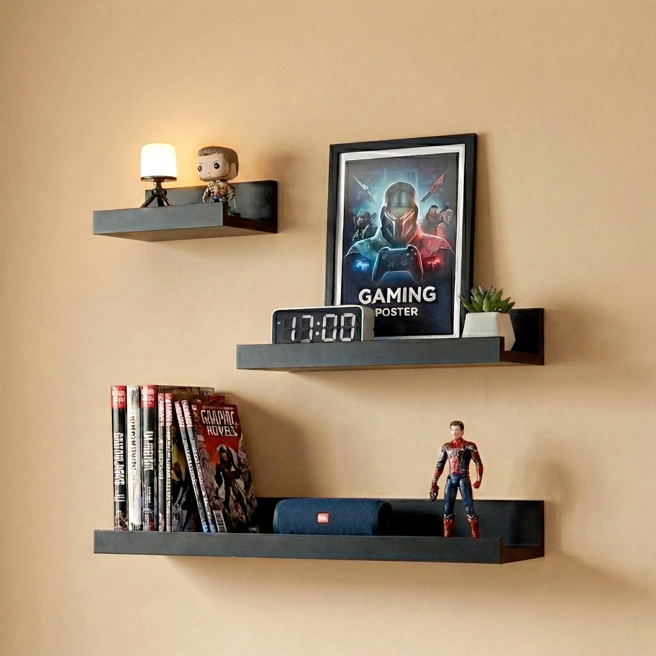 GEEZY Black Floating Shelves for Wall, Set of 3 - Modern Seamless Mounting, Easy Install Picture Ledge Display Shelf for Decor, Collectibles - Home, Bedroom, Bathroom, Office