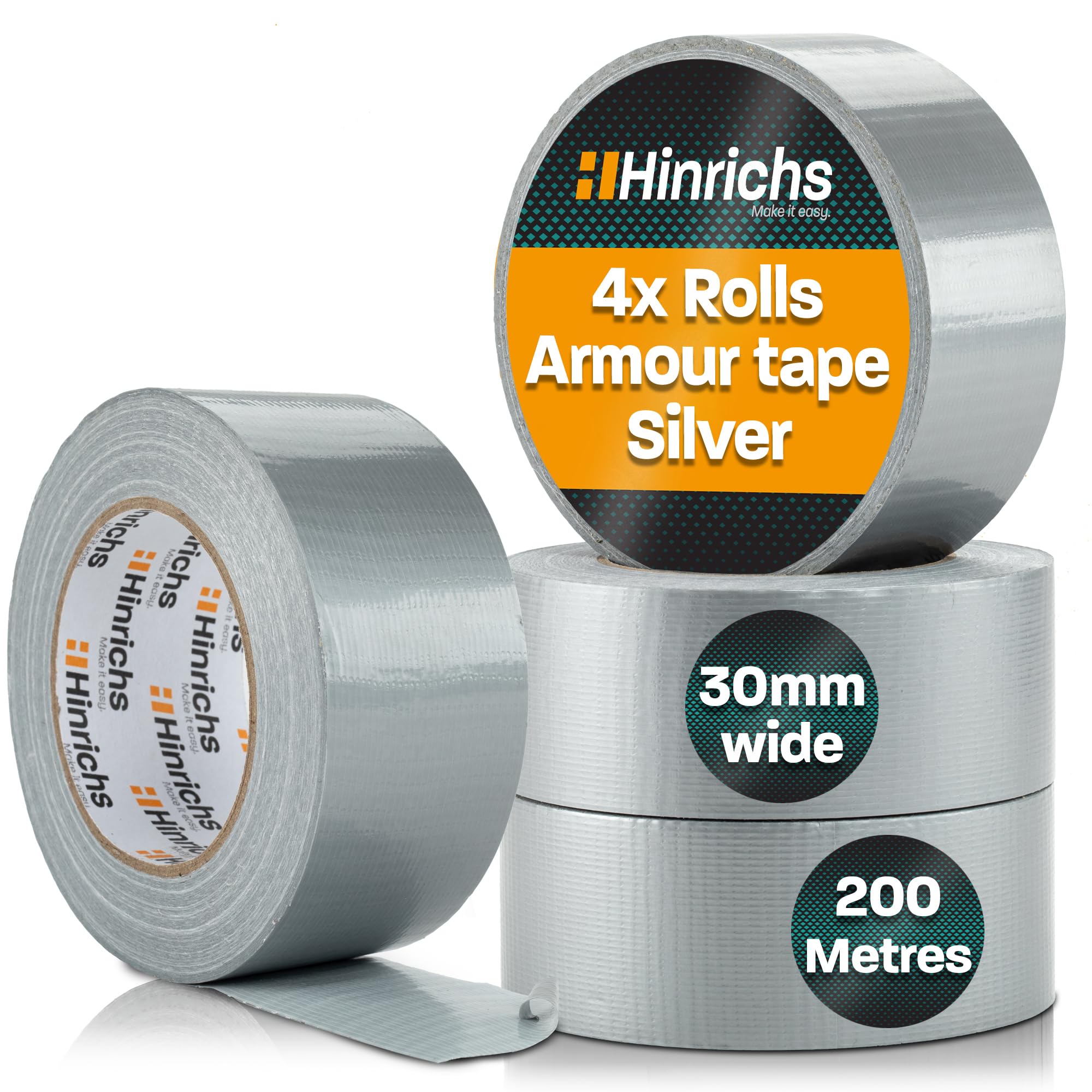 Hinrichs Heavy Duty Duct Tape 4 Rolls Silver 50m x 50mm – Extra Strong Waterproof Gaffer Tape for Indoor and Outdoor Use – Gorilla Tape Alternative for Repairs, DIY and More – Durable Duck Tape