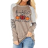 Thankful Grateful Blessed Shirts Women Thanksgiving Pumpkin T-Shirt Fall Tshirt Raglan Sleeve Top Tees