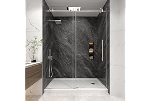 KPUY Frameless Shower Door, 55-60" W x 76" H Sliding Glass Shower Door, 1/4" (6mm) Thick Tempered Clear Glass with Explosion-Proof Film Nano Coating, Stainless Steel Hardware, Brushed Nickel