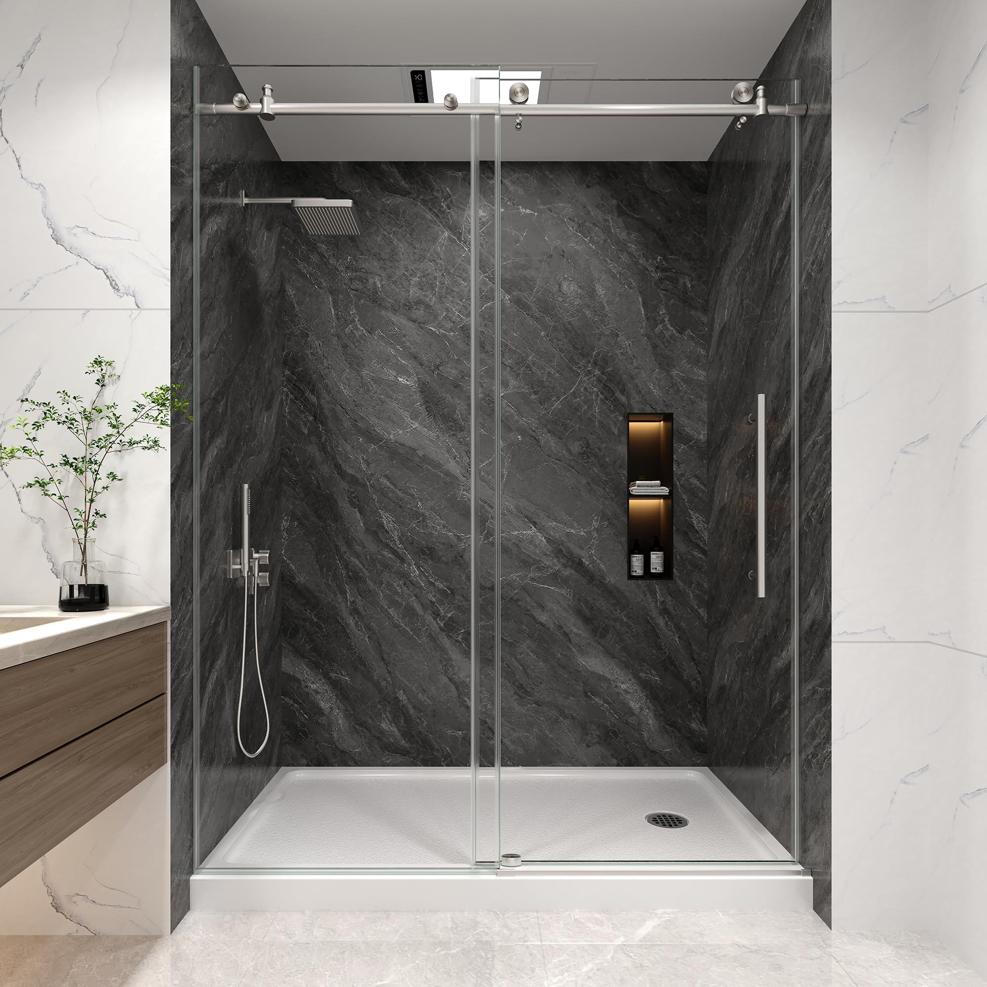 Photo 1 of KPUY Frameless Shower Door, 43-48" W x 76" H Sliding Glass Shower Door, 1/4" (6mm) Thick Tempered Clear Glass with Explosion-Proof Film Nano Coating, Stainless Steel Hardware, Brushed Nickel