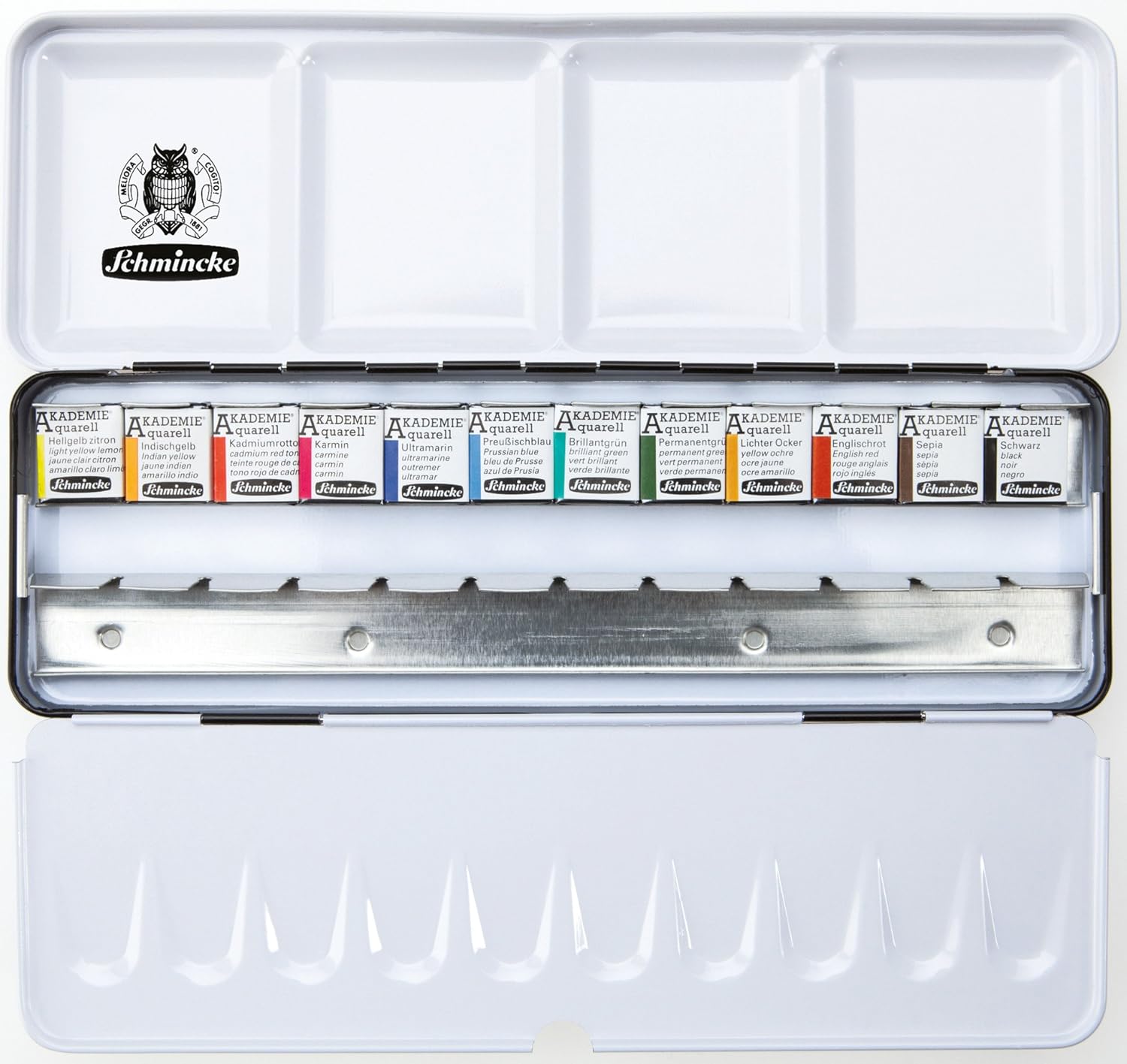 Schmincke Aquarellfarbe, Akademie Aquarell Malkasten, Metallkasten, 12 x 1/2 Näpfchen + Platz für 12 weitere 1/2 Näpfchen