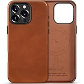 Belemay Compatible with iPhone 16 Pro Leather Case, Compatible with MagSafe, Premium Full-Grain Vegetable-Tanned Smooth Leather, Metal Buttons & Camera Bump Frame, Luxury Cover (6.3") Saddle Brown