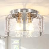 Brushed Nickel Semi Flush Mount Ceiling Light, 3-Light Hammered Glass | Modern 15" ceiling light fixture for bathroom, kitchen, entryway, dimmable, E26 base, low ceiling, glass drum shade