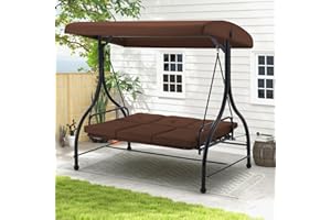U-MAX Porch Swing Chair with Adjustable Backrest&Canopy, 3 Seat Patio Swing with Canopy 2-in-1 Convertible Outdoor Swing with Canopy Patio Daybed with Removable Brown Cushions for Adults