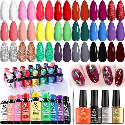 Lavender Violet Gel Nail Polish Set - Classic Solid & Nude Colors with Halloween Pumpkin Christmas Red Green Gold Silver Glitter, Base/Top Coat, Blooming Gel, Liner Pen, UV LED Manicure Gifts 997
