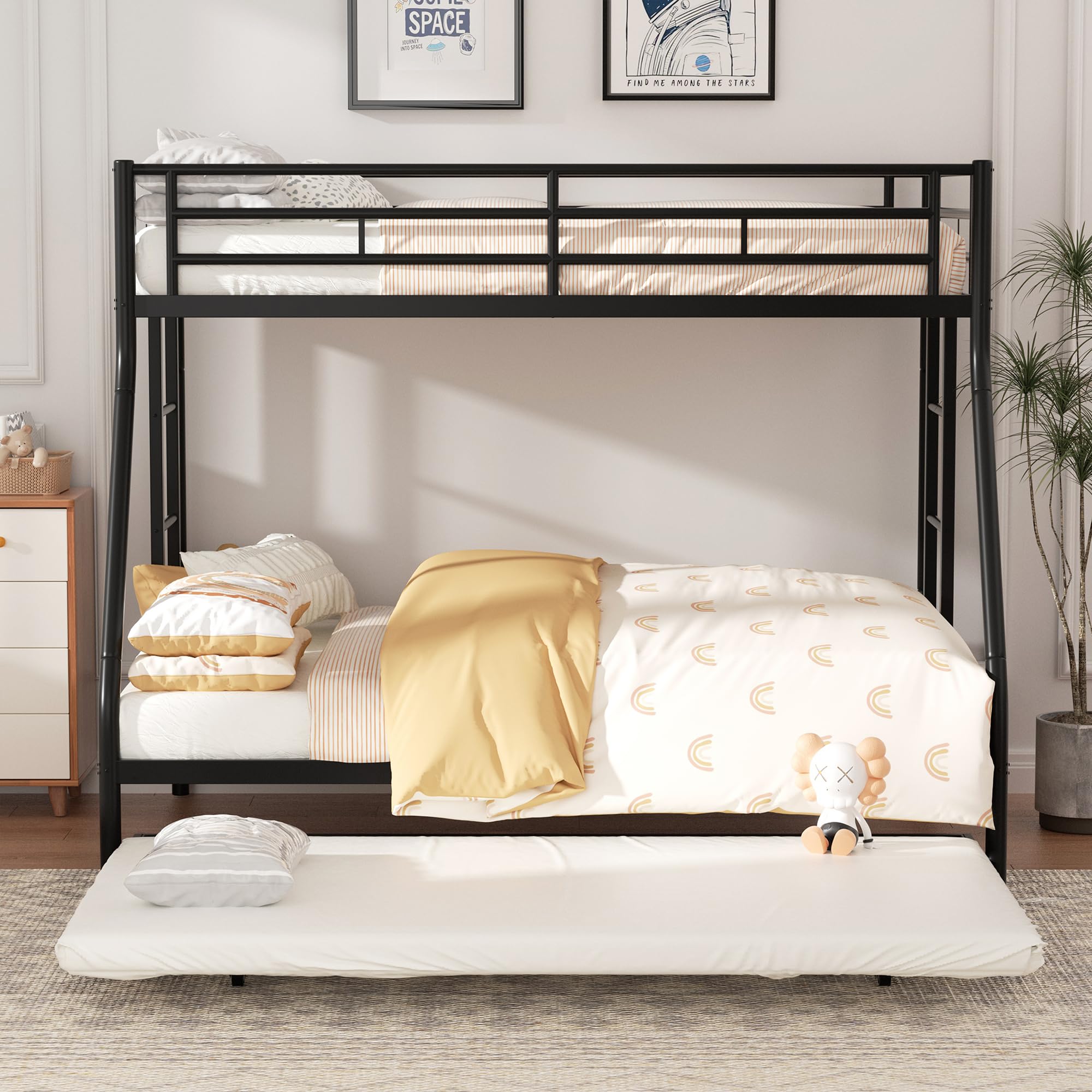 Photo 1 of ** USED** Shintenchi Twin Over Full Size Bunk Bed with Trundle, Heavy-Duty Metal Frame, 2 Ladders & Full-Length Guardrail, Space-Saving Sleep Solution for Kids/Teens/Adults, Black