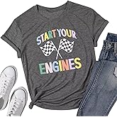 Women Racing Shirt Start Your Engines Tshirt Checkered Flag Short Sleeve Race Car T-Shirt Race Lover Casual Tee