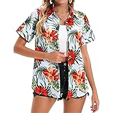 Mizvsitrd Womens Hawaiian Shirt Soft Cool Summer Hawaii Shirts Floral Tropic Print V Neck T-Shirt Short Sleeve Button Up Tops