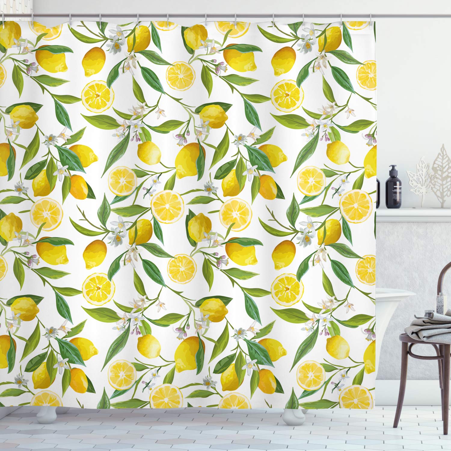 ABAKUHAUS Nature Shower Curtain, Exotic Lemon Tree Branches Yummy Delicious Kitchen Gardening Design, Cloth Fabric Bathroom Decor Set with Hooks, 175 x 240 cm, Green White Yellow