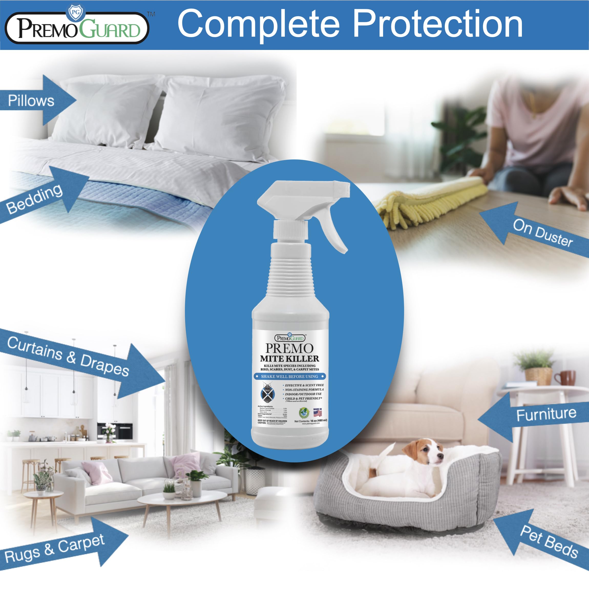 Premo Guard Mite Treatment Spray – 16 oz – Kills Dust, Scabies, Spider, Carpet, Bird, Mouse & Rat Mites in Home, on Furniture, Bedding – Natural Non-Toxic 100% Effective – Child & Pet Safe