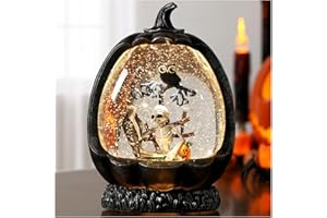 Gorrzai Halloween Snow Globe with Skeleton Owl Pumpkin, Musical Halloween Decorations Indoor for Home Lighted Skeleton Snow Globe with Timer Swirling Glitter, USB or Battery Operated
