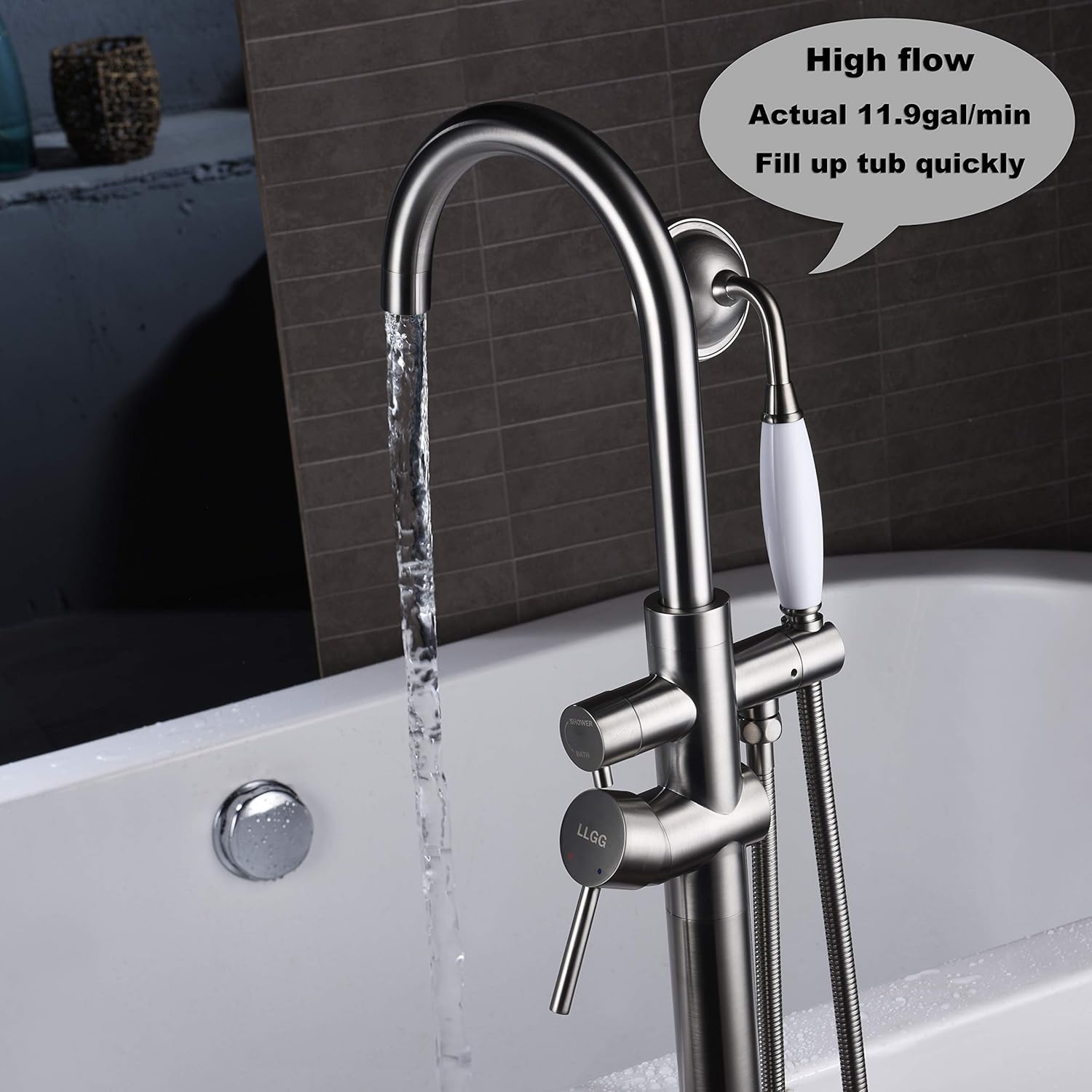 Freestanding Bathtub Faucet Tub Filler Brushed Nickel High Flow Rate 11