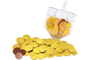 The Dreidel Company Dreidel Filled with Hanukkah Milk Chocolate Gelt Coins, 10 Chocolate Menorah & Dreidel Design Gold Chanukah Gelt, Kosher Certified