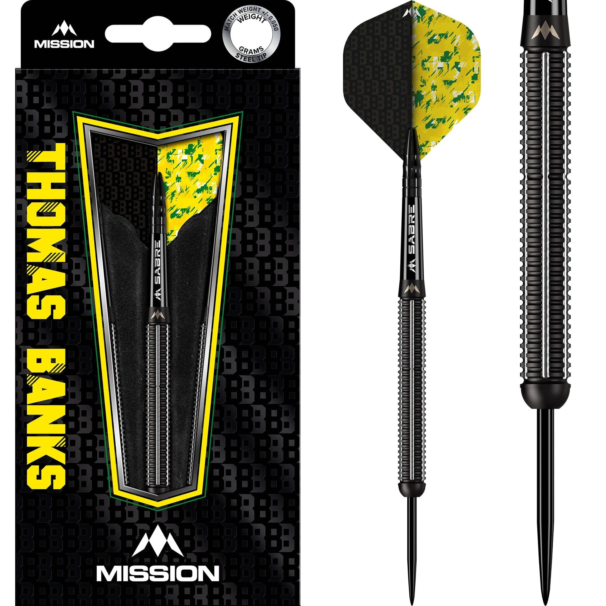 Mission Darts | Thomas Banks Darts | Steel Tip Darts Set | 90% Tungsten Barrel | Black PVD | Includes Dart Flights and Stems | Available in Multiple Weights. (24, Grams)