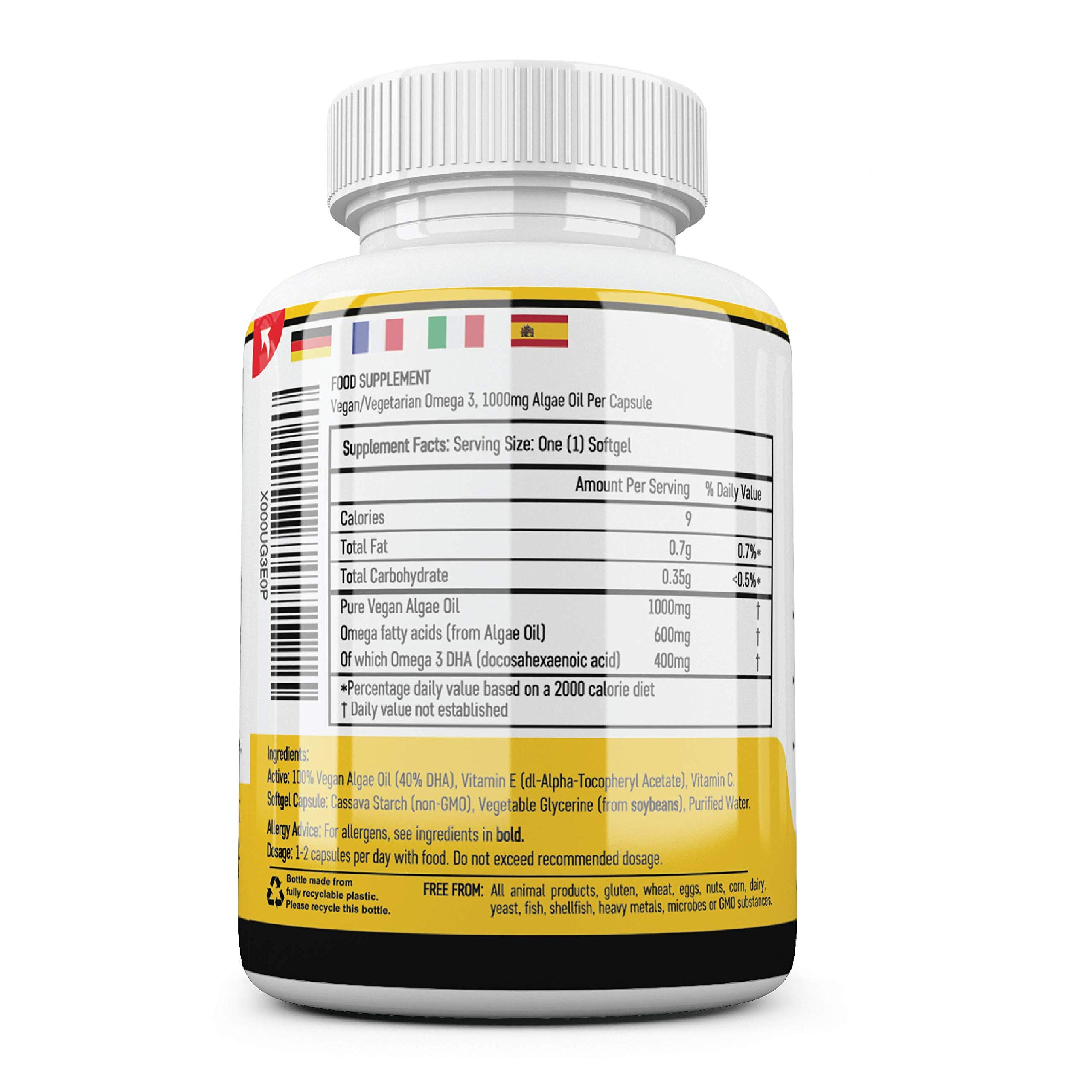 Olio di Alghe Omega 3 Vegan di Vegan Vitality: 400mg DHA per Capsula. 60 Capsule, Fornitura per 2 Mesi. Vitamine Vegetariane Al 100% Vegetali