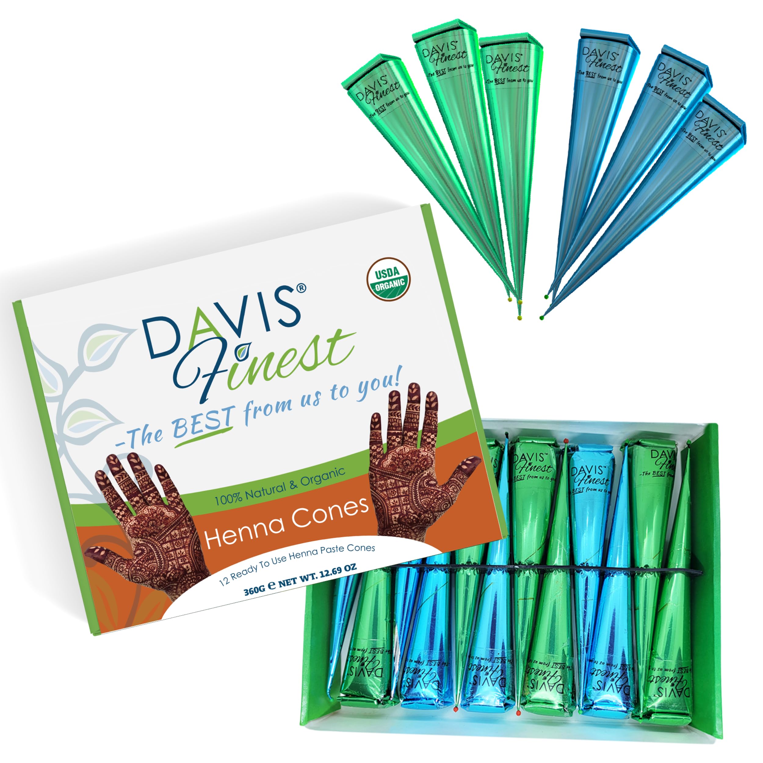 Davis Finest - 100% Natural Henna Cones Chemical-free Ready to Use Mehndi Organic Henna Paste Skin-Friendly All-Natural Indian Mehandi Temporary Tattoo Pack of 12x30g (360g)