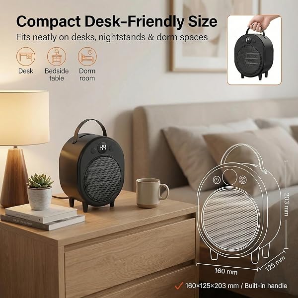 GRAPHENE FAR‑INFRARED MINI SPACE HEATER, 4 MODES 650/750/1000W + 3.5W FAN ONLY, ONE‑BUTTON CONTROL, PORTABLE HANDLE, OVERHEAT PROTECTION, COMPACT PERSONAL DESK & BEDSIDE HEATER, 120V