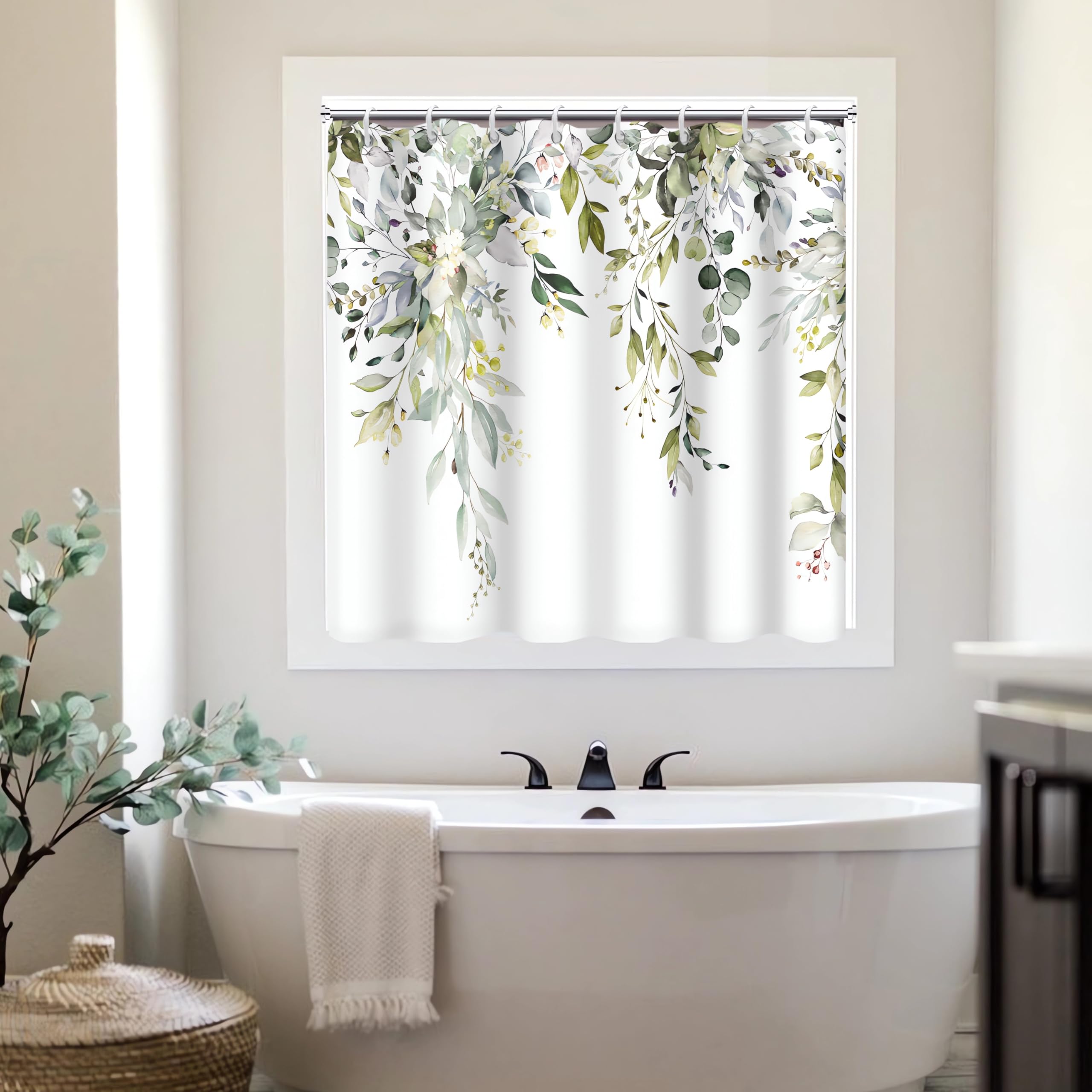 Ruelvth Shower Window Curtain, Watercolor Green Eucalyptus Small Short Waterproof Bathroom Window Curtain with Hooks, 60x48 Inch