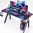 WEMUZVIU Gaming Desk, Ergonomic Carbon Fiber Surface Computer Table, PC Gaming Workstation with Cup Holder & Headphone Hook, Home Office Desk (A-NO LED, 55 INCH)