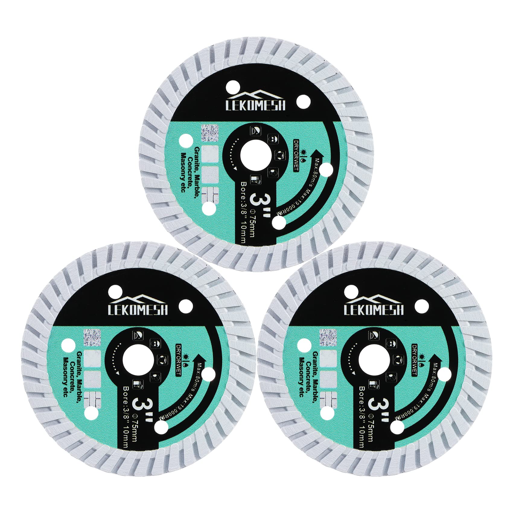 75mm/3" Diamond Cutting Disc LEKOMESH - 3pcs Concrete Cutting Disc with 3/8" (10 mm) Arbor for Cutting Granite,Marble,Concrete,Masonry,Quartz,Artificial Stone