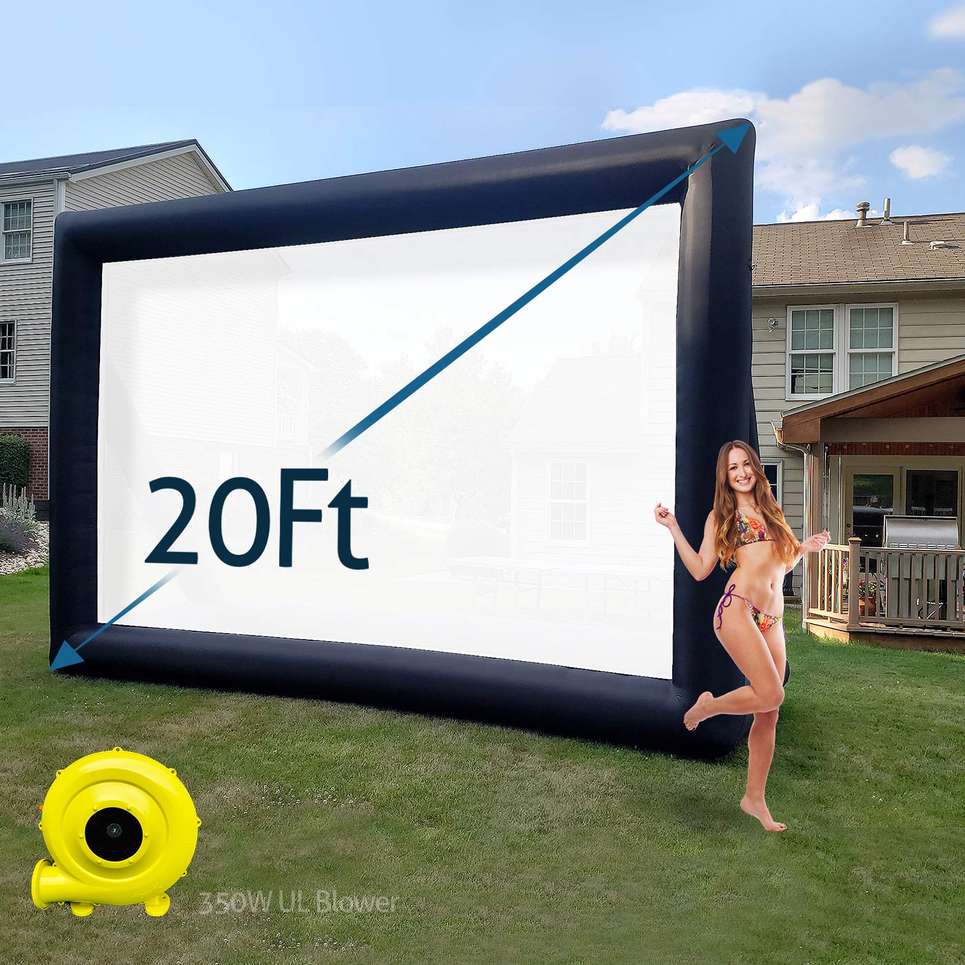 TKLoop 20Ft Mega Inflatable Movie Screen Without Seam - Blow up Movie Projector Screen with UL Blower for Outdoor and Indoor Parties