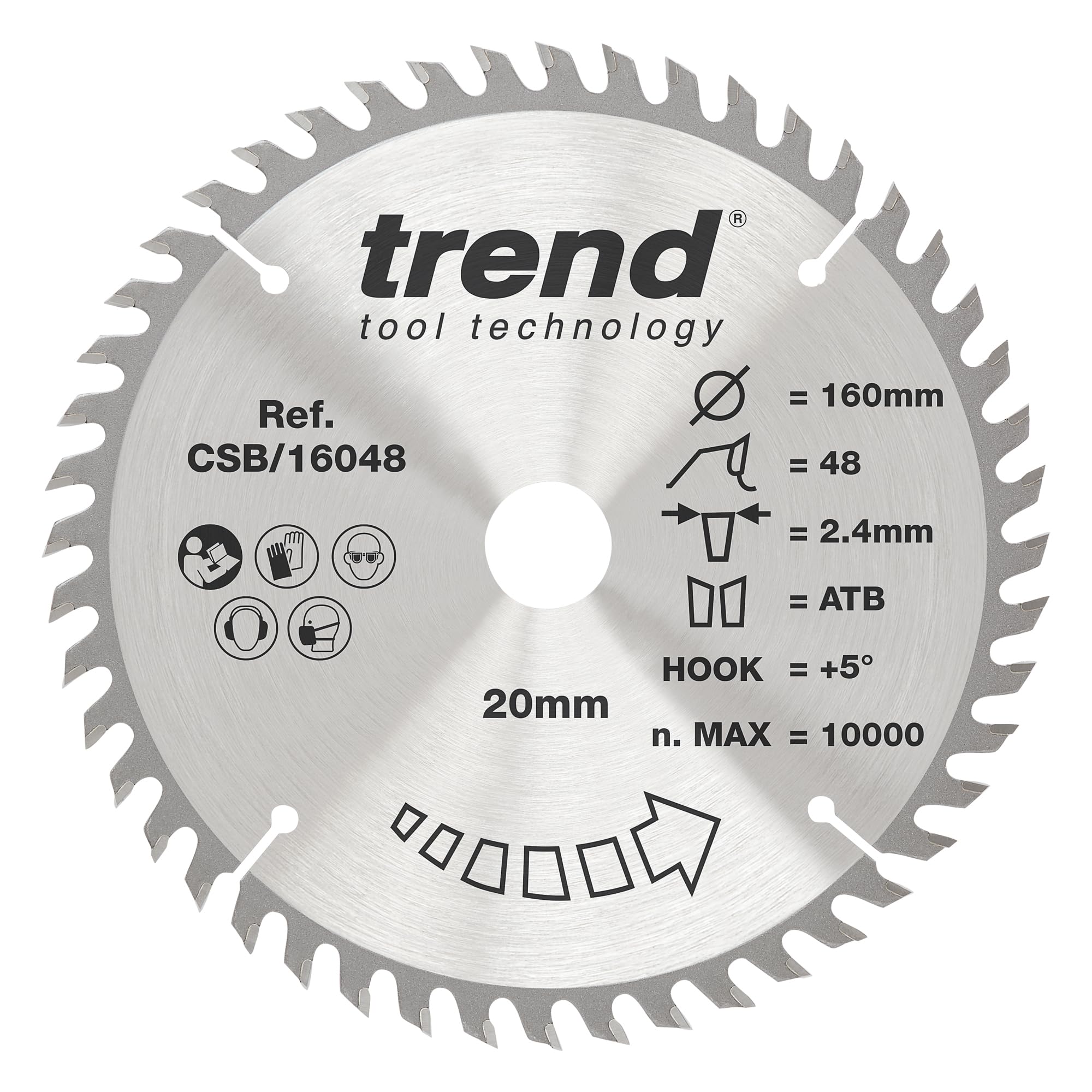 Trend Wood Circular Saw Blade, 160mm Diameter, 20mm Bore, 48 Teeth, 2.2mm Kerf, +5° Hook, TCT, Fine Finish, CSB/16048A