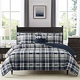 MaiRêve Queen Size Comforter Set Navy Blue, Classic Plaid Farmhouse 7 Pieces Bedding Set, All Season Lightweight Bed in a Bag with Sheets, Pillowcases & Shams