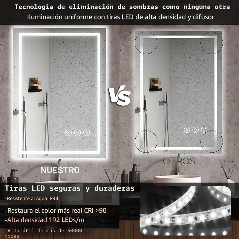 Espejo Baño con Luz 50x70cm, Espejos de Baño con LED con Antivaho, Regulable, 3 Colores Luz, Función Memoria