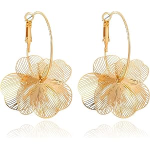 Gold Silver Flower Dangle Earrings for Women | Cute Statement Trendy Floral Drop Earrings, Boho Fashion Lightweight Hoop Jewe