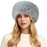 HH HOFNEN Faux Fur Headband for Women Winter Fur Hat with Stretch Ear Warmer Earmuff Grey
