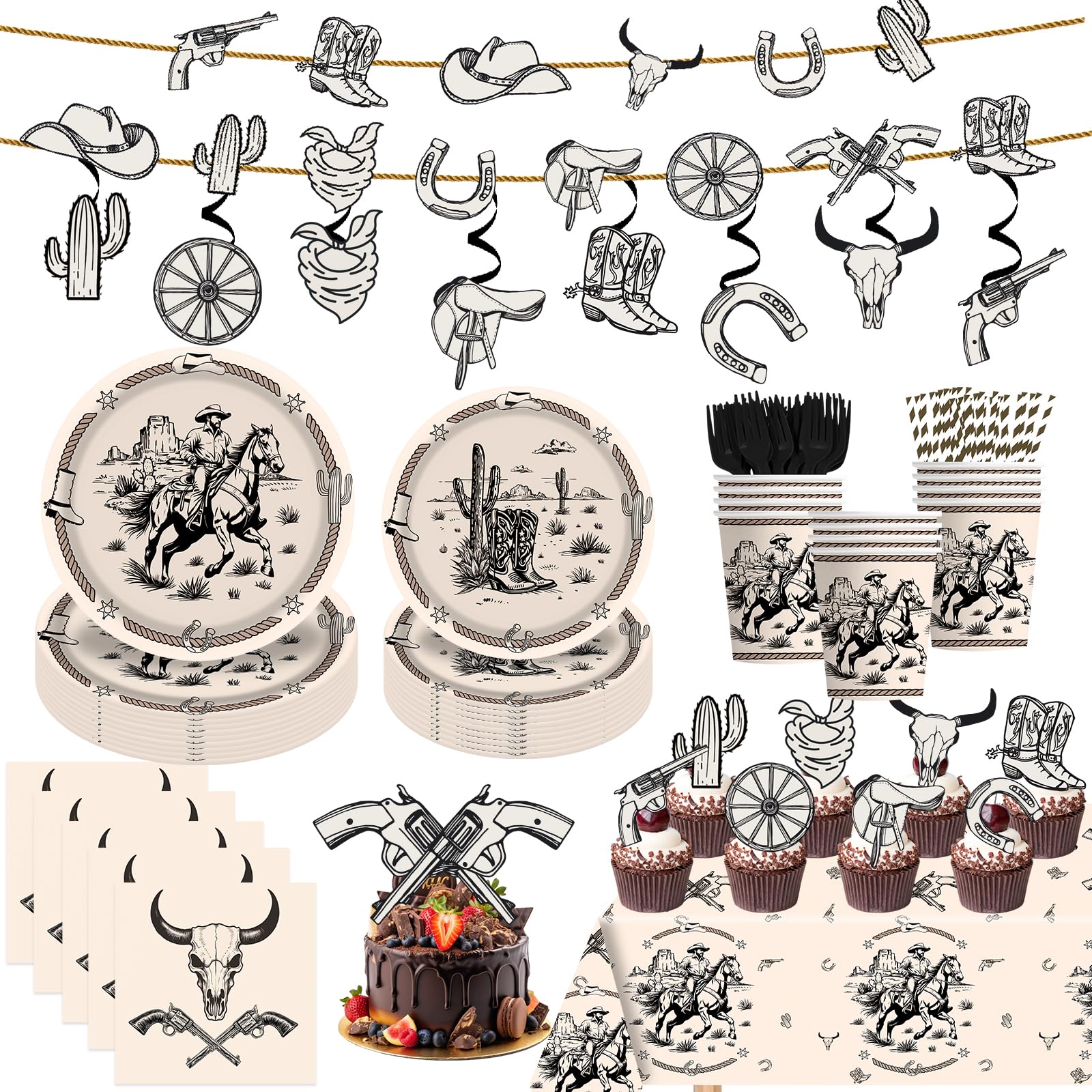 Photo 1 of 164Pcs Western Cowboy Party Supplies Birthday Decorations for MenTableware Set, Plates and Napkins,Fork, Straw, Cake topper, 2pcs tablecloth, Banner for Fabulous Decorations, for 24 Guests