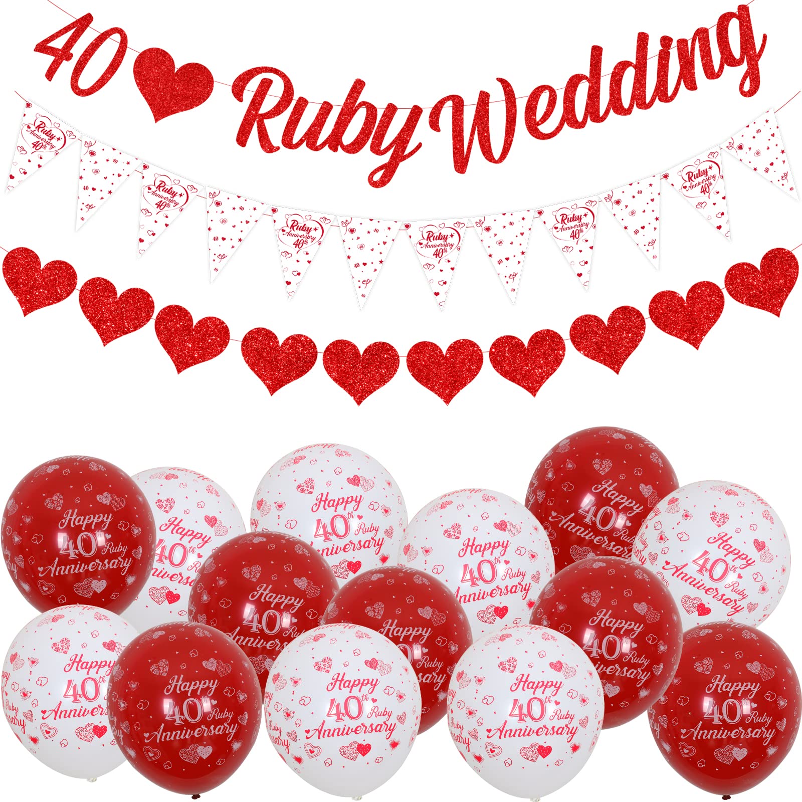 Fangleland 40th Ruby Wedding Decorations Set - Glitter Banners, Bunting Flag and Balloons for 40th Anniversary Party Supplies