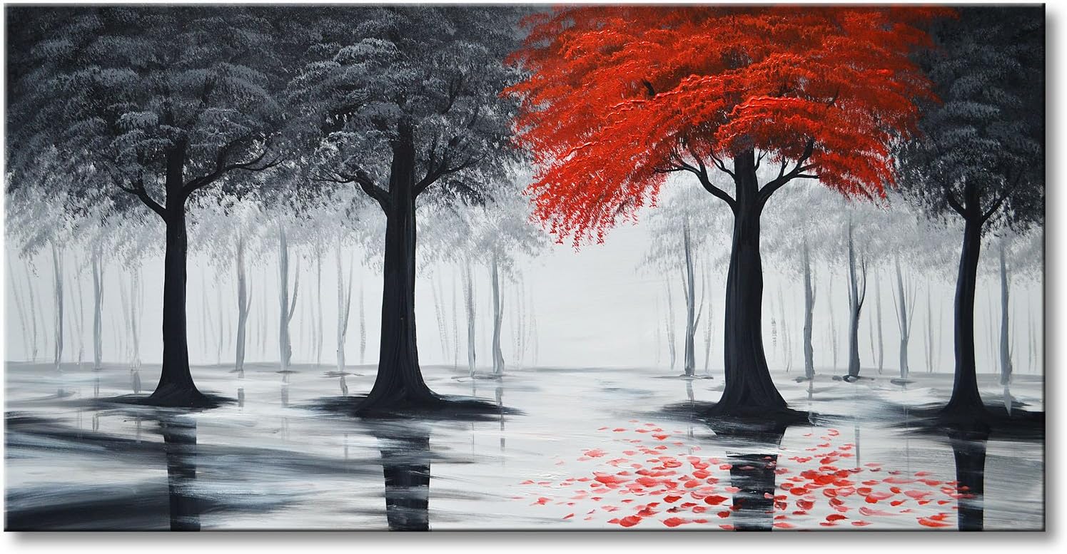 Paintings - Everfun Art Hand Painted Landscape Oil Painting On Canvas Modern Contemporary Black and Red Forest Wall Art Abstract Tree Stretched Artwork Framed Ready to Hang ( 40x20 inch)