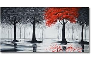 EVERFUN ART Hand Painted Landscape Oil Painting On Canvas Modern Contemporary Black and Red Forest Wall Art Abstract Tree Stretched Artwork Framed Ready to Hang (40x20 inch)