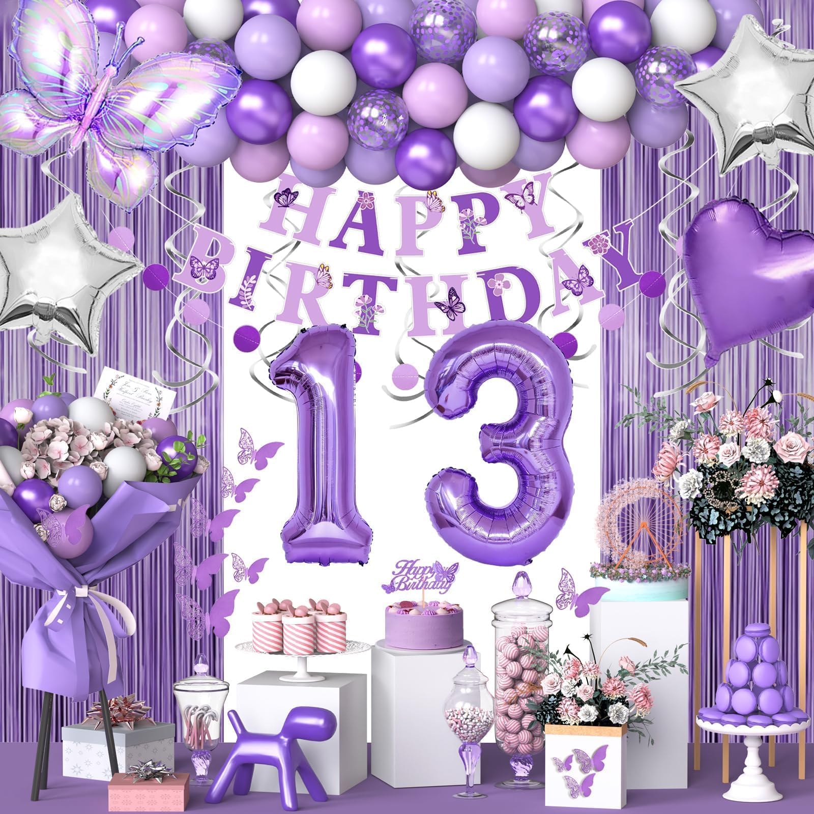 Photo 1 of 13th Purple Birthday Decorations for Girls, Purple Pink 13th Birthday Decorations Butterfly Theme Lavender Party Decor Set with Number Balloons, Banner, Sash, Butterfly Stickers