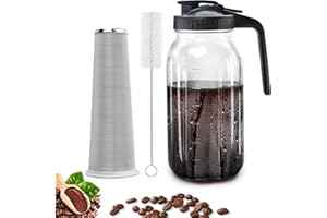 WEETALL Cold Brew Coffee Maker Pitcher, 64oz Thick Glass Multipurpose Mason Pitcher Spout Lid with Wider Handle & Stainless Steel Filter for Iced Coffee, Lemonade, Ice Tea, Homemade Fruit Drinks, Black