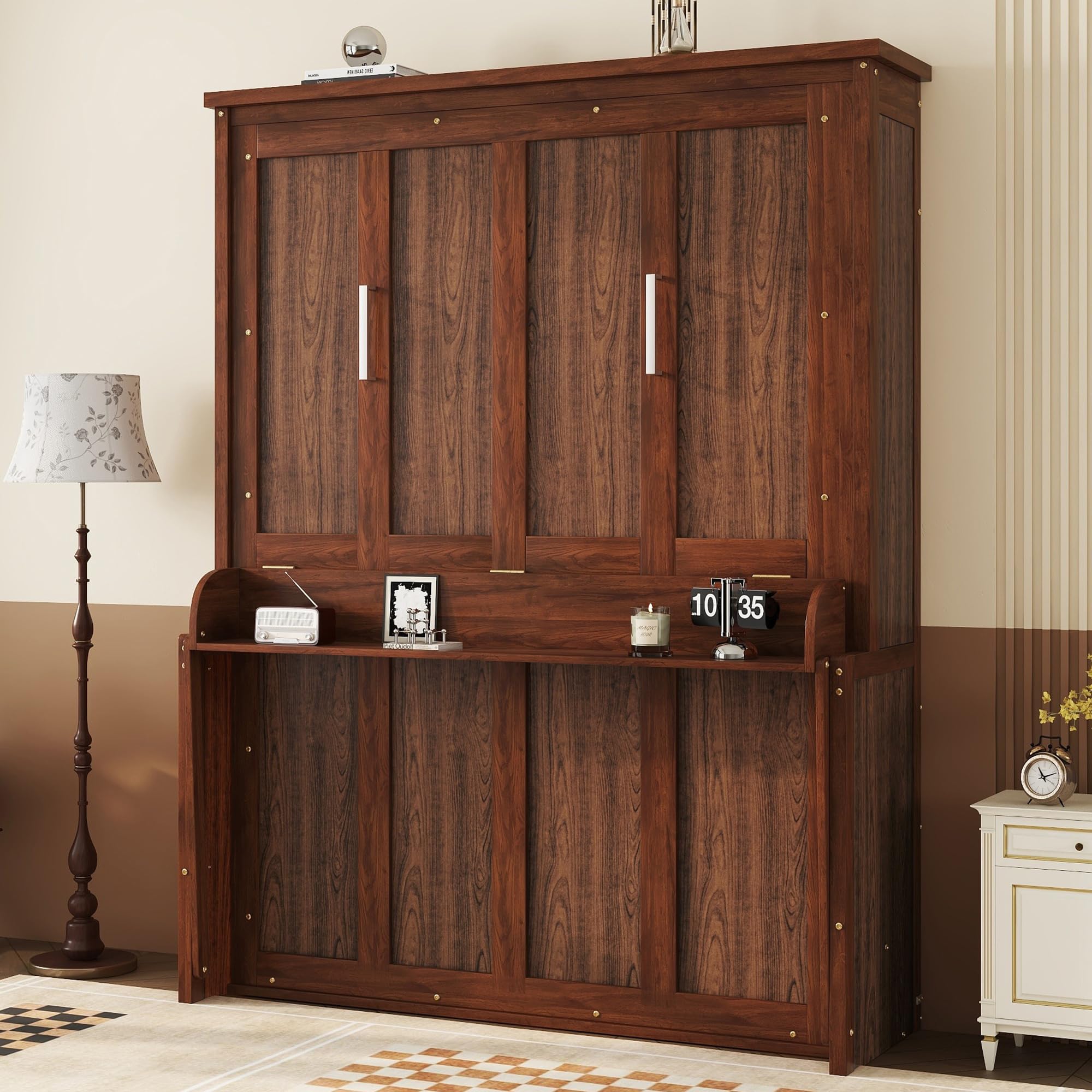 Photo 1 of KEIKI Queen Size Murphy Bed with Desk, Horizontal Wood Wall Bed Cabinet with Gas Struts, Space-Saving Folding Bed for Bedroom, Living Room, Guest Room, Walnut