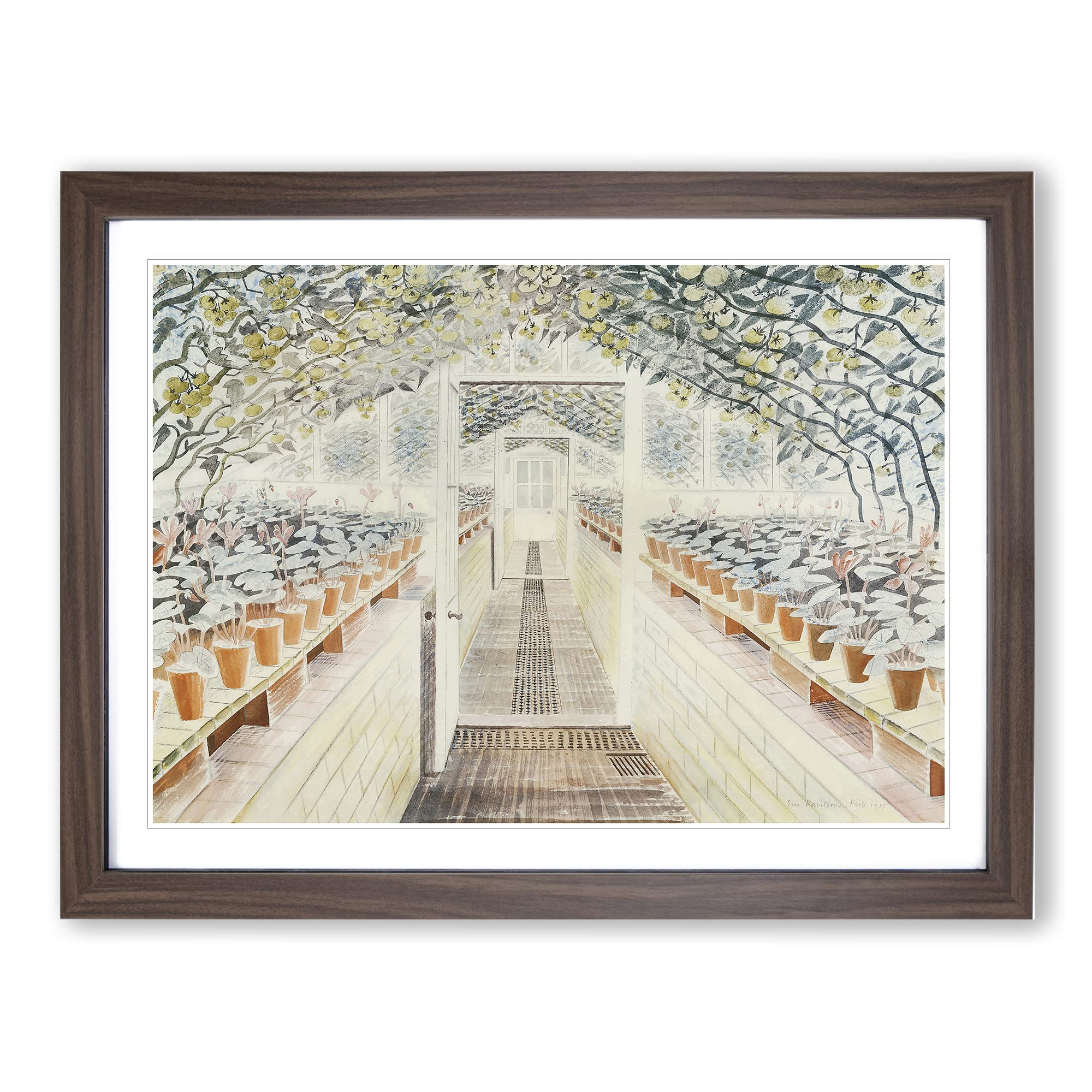 Greenhouse By Eric Ravilious Classic Painting Framed Wall Art Print, Ready to Hang Picture for Living Room Bedroom Home Office Décor, Walnut A4 (34 x 25 cm)