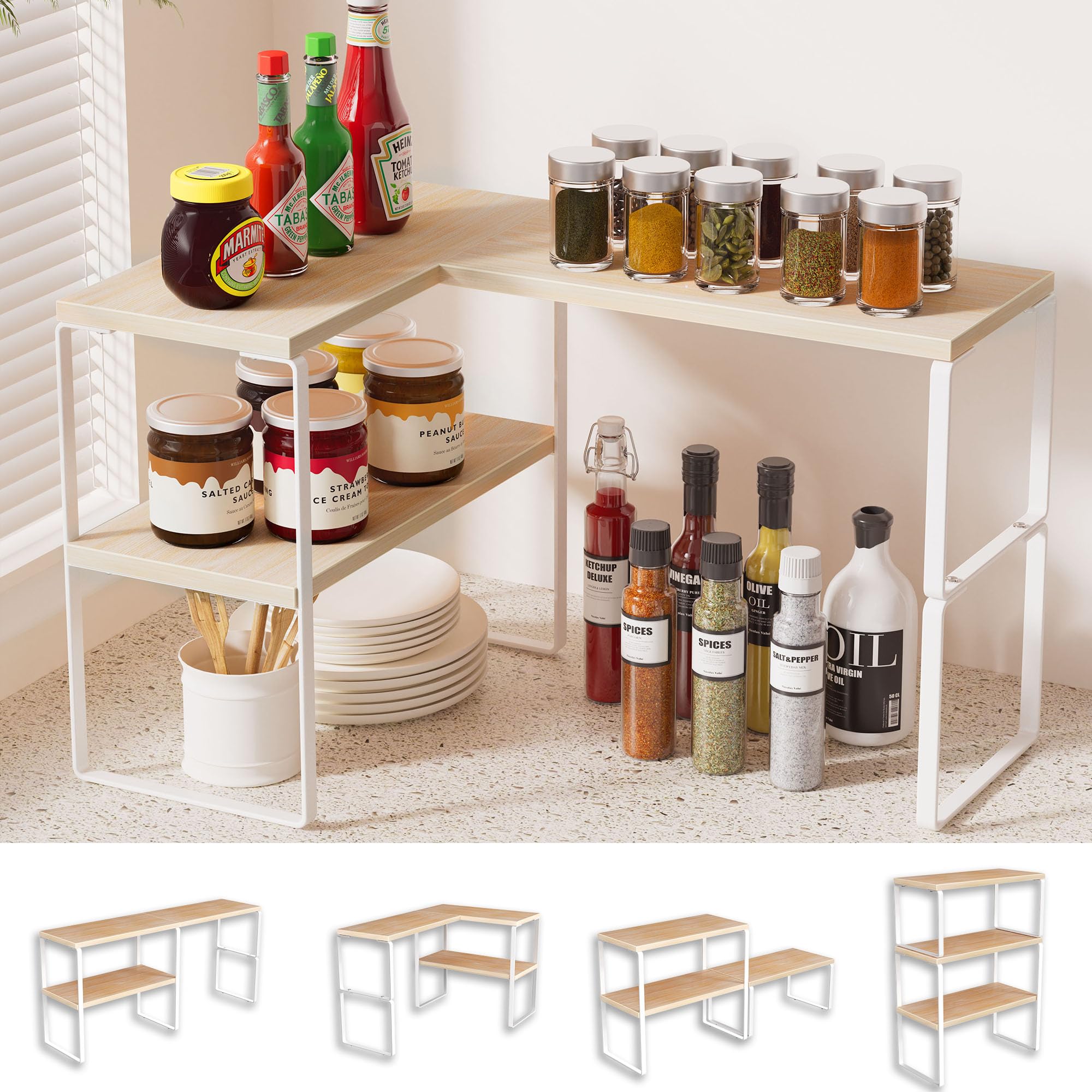 Photo 1 of Golener Countertop Organizer Corner Shelf, 2-Tier Adjustable Stackable Corner Shelves for Kitchen, Spice Rack, Coffee Bar, Over Sink, Bathroom, Dresser Table, Corner Counter Shelf Stand, Natural Beige