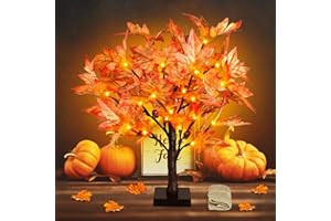 Remon 18 Inch Lighted Fall Maple Tree - 1.5FT Thanksgiving Tabletop Lamp Decor with 36 LED Lights, 72 Maple Leaves, 6 Acorns, Timer Function, Battery Operated Fall Artificial Tree with Burlap Base
