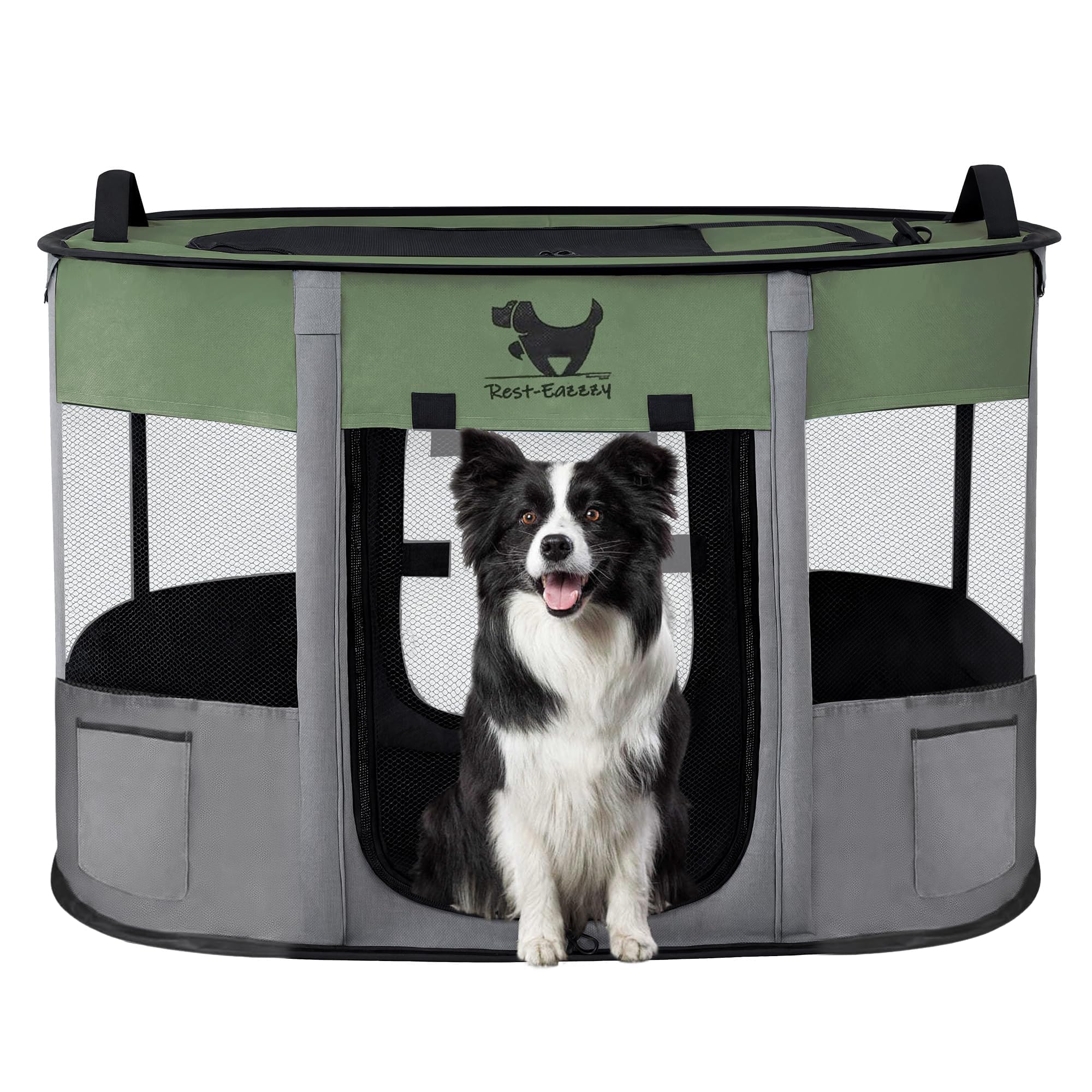 Photo 1 of Rest-Eazzzy Dog Playpen, Foldable Kitten Playpen for Medium Dogs, Portable Pet Puppy Playpen with Removable Shade Cover, Indoor Outdoor Travel Camping Use for Small Pets with Carrying Case (M, Green)